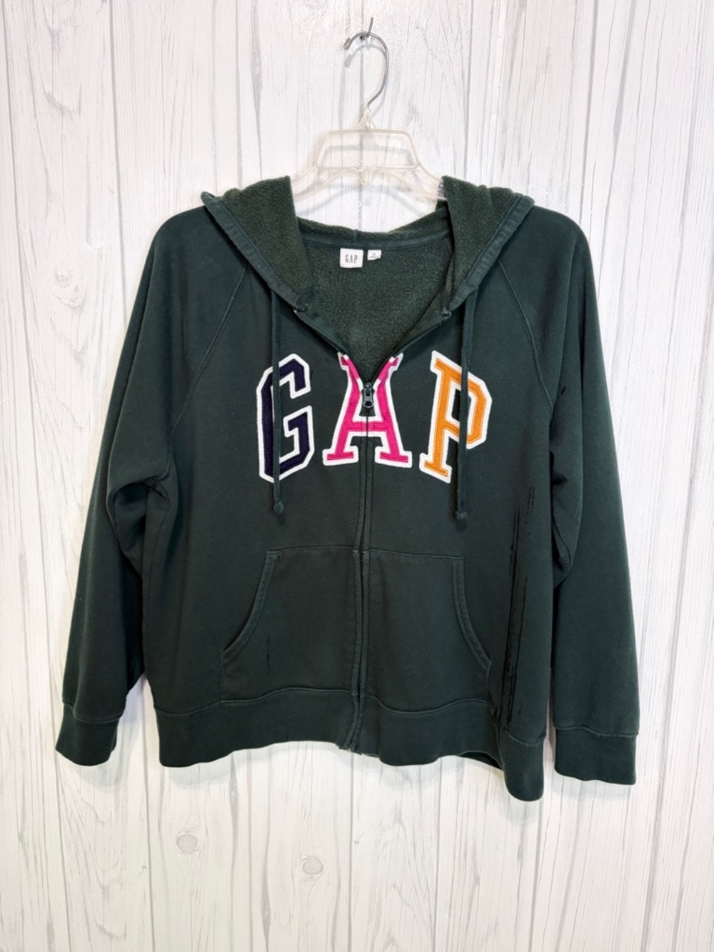 GAP Dark Green Zip-Up Hoodie Multicolor Spelled Out Logo, XL
